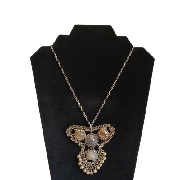 Vintage Indian Agate Claw Set Multicolored Stones Large Metal Pendant Necklace - Picture 1 of 12